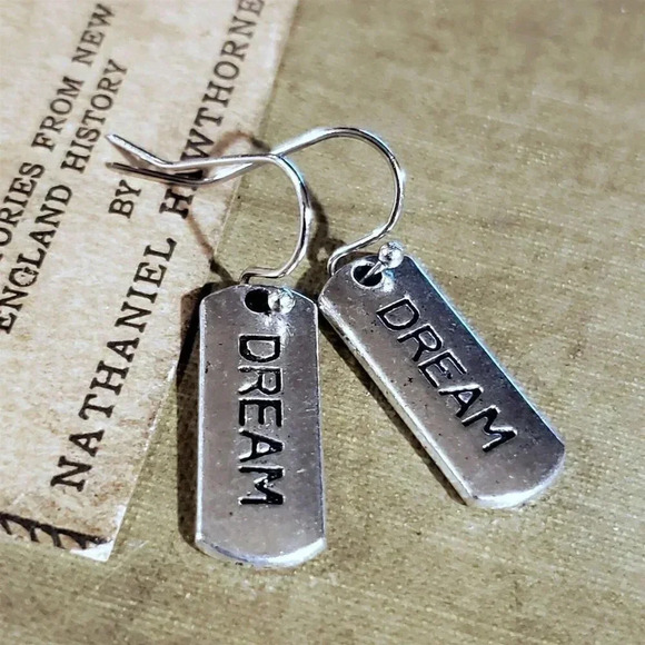 Handcrafted Dream Inspirational Word Message Carved Silver Black Earrings - Picture 3 of 9